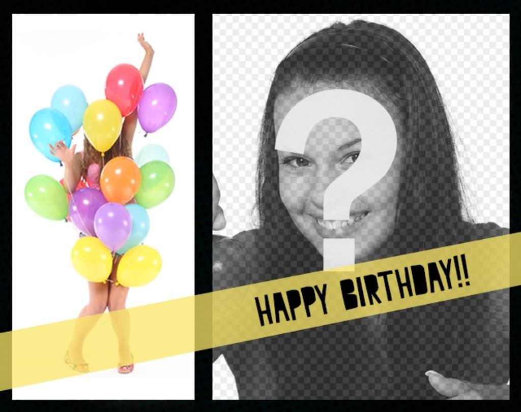 Cartão do aniversário com uma garota coberta de balões coloridos e uma moldura onde você pode colocar a foto que você..