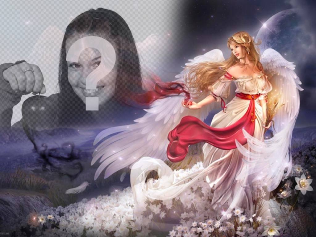 Criar um collage on-line com um anjo mulher alada em um mundo de fantasia cercada por..