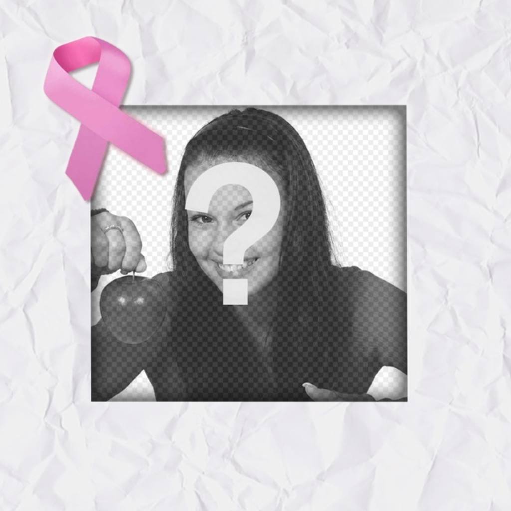 Moldura para apoiar a luta contra o cancro com papel texturizado branco e um laço cor de rosa para personalizar suas fotos..