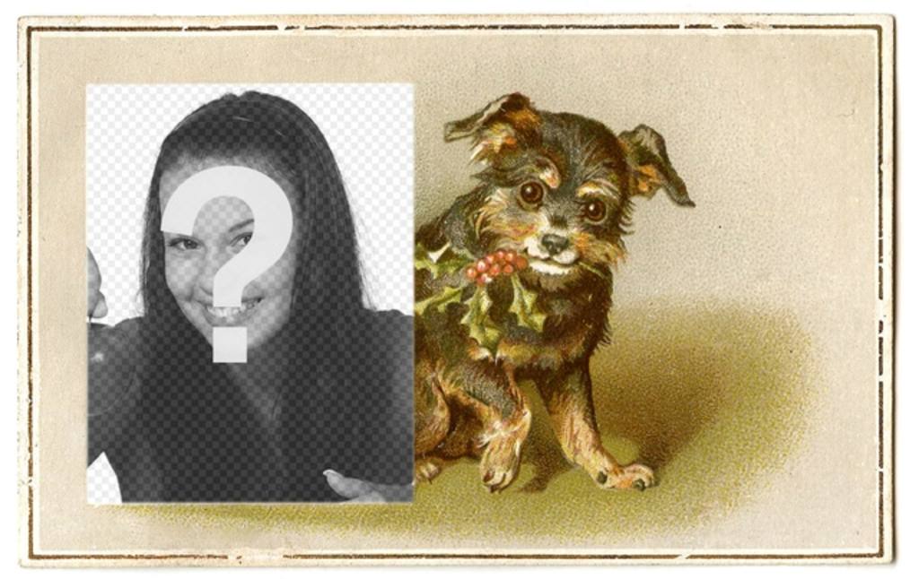 Cartão de Natal do vintage com filhote de cachorro preto e marrom desenhado sorridente segurando um ramo de azevinho com a..