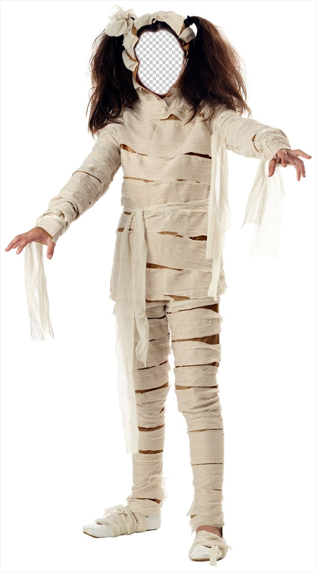 Fotomontagem de uma menina disfarçada como uma múmia para o Halloween que você pode editar ..