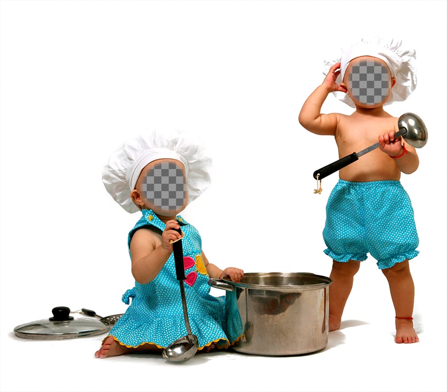 Fotomontagem com dois bebês vestidos cozinhar para colocá-los face. ..