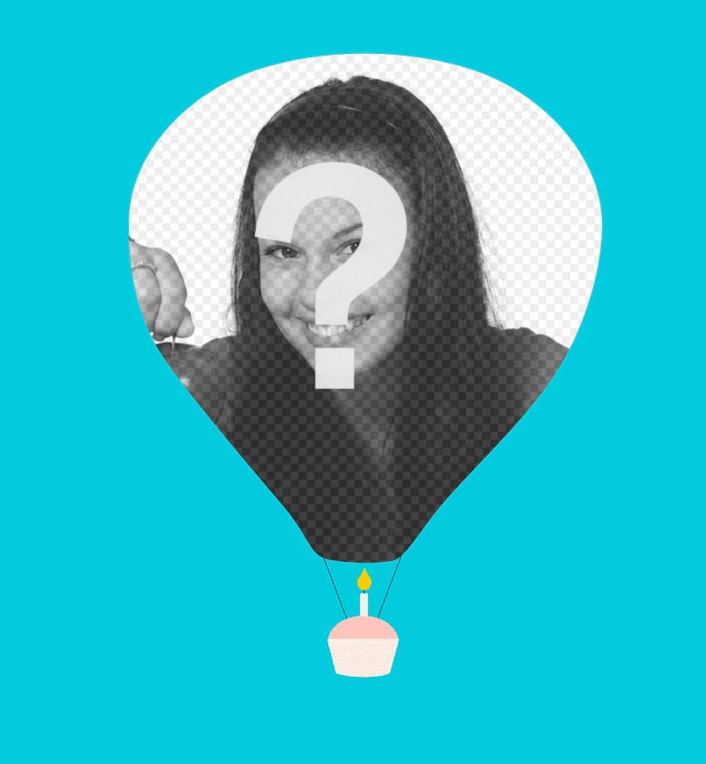 Cartão minimalista com sua imagem em um balão e um queque flutuante. Este cartão de aniversário ..