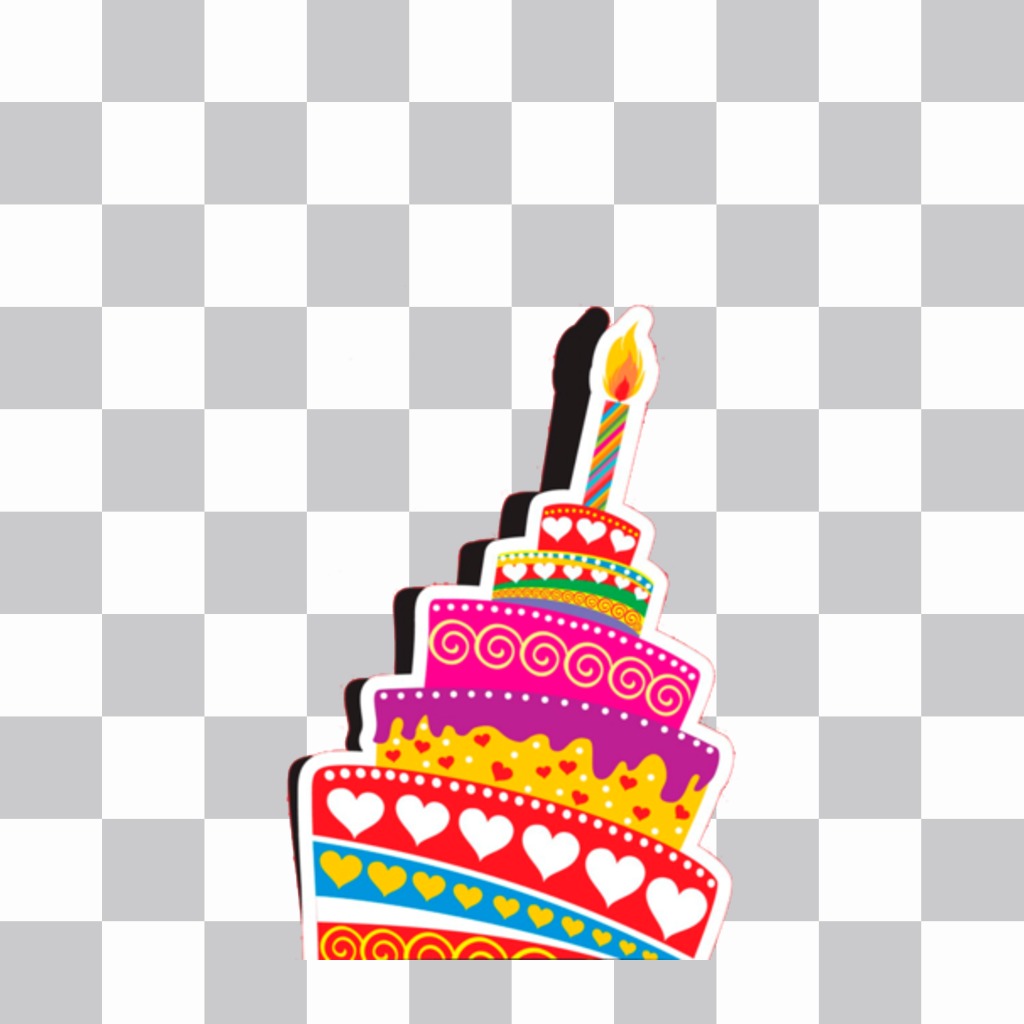Etiqueta de um bolo de aniversário com muitos andares, com diferentes formas e cores. ..