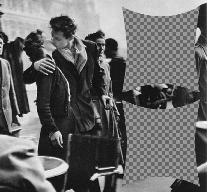 Colagem de duas fotos com uma cena de romance em Paris nos anos 50 ..