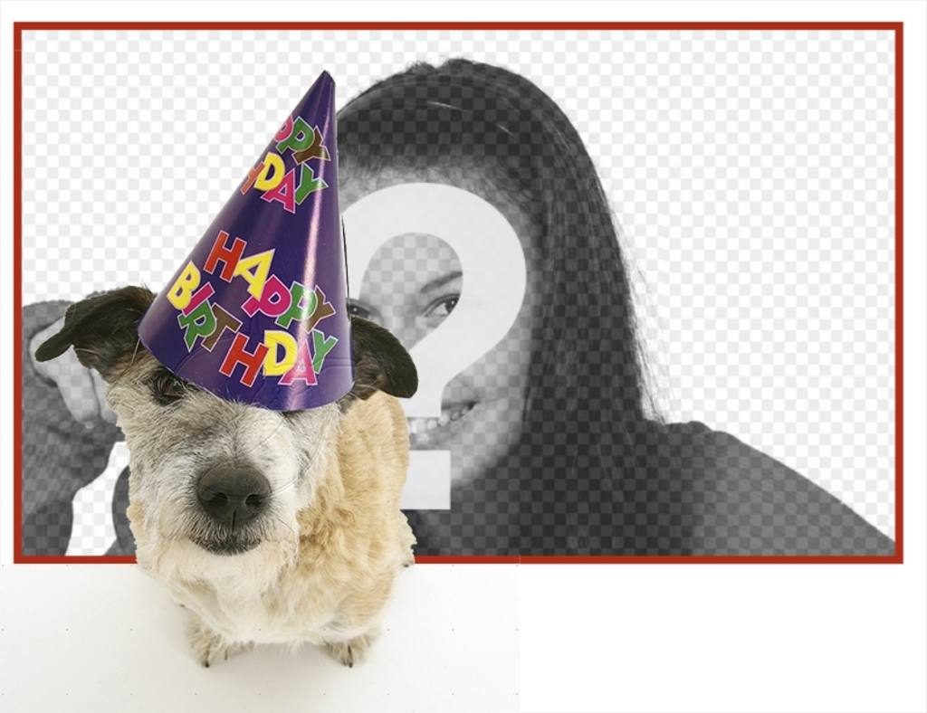 Quadro de aniversário com um filhote de cachorro com chapéu de festa em primeiro plano. ..