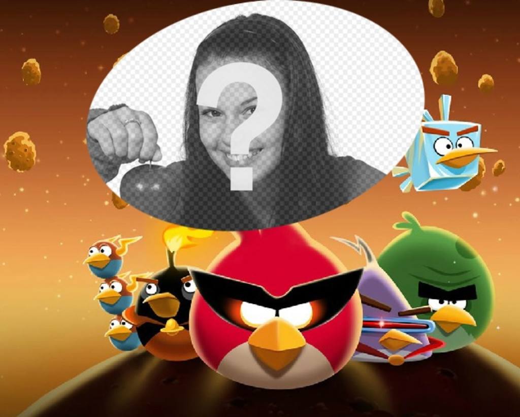 Colagem sobre Angry Birds no espaço com os pássaros famosos vestidos! Xxx Coloque sua foto favorita facilmente e de graça nesta ilustração do Espaço Angry..