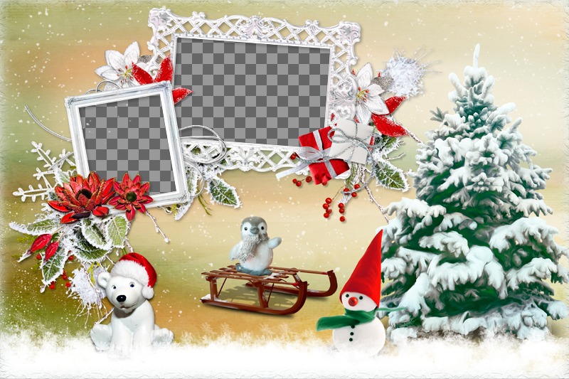 Colagem de Natal com duas foto ao lado de uma árvore e vários animais. ..