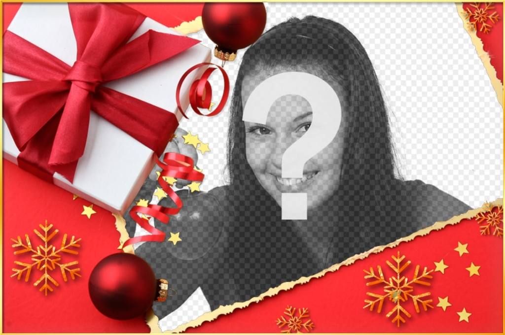 Cartão de Natal com um presente e um laço para colocar sua foto. ..
