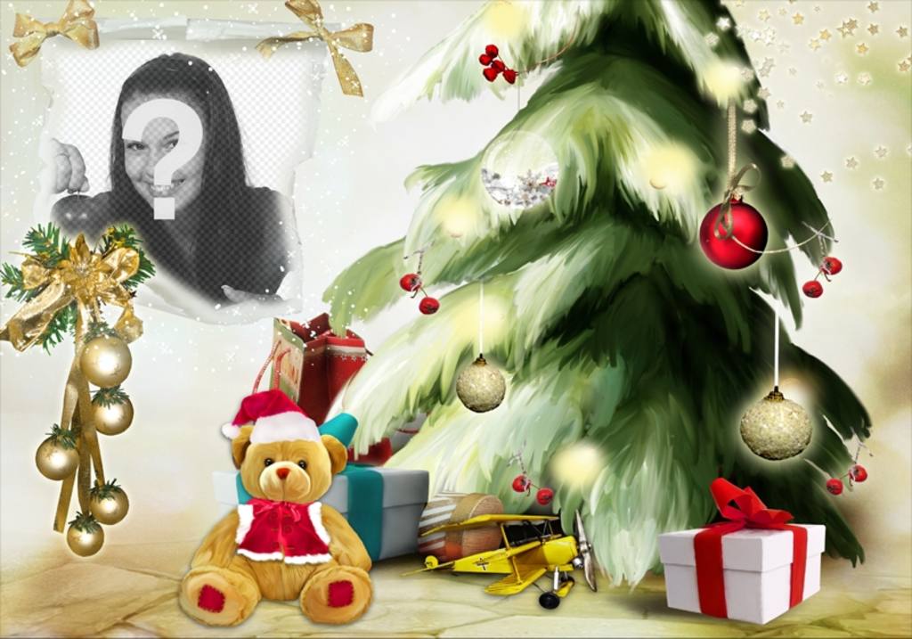 Fotomontagem de Natal com uma árvore de Natal e urso. ..