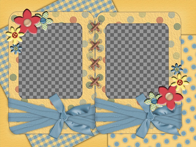 Cartão com duas fotos para personalizar com flores e fitas. ..