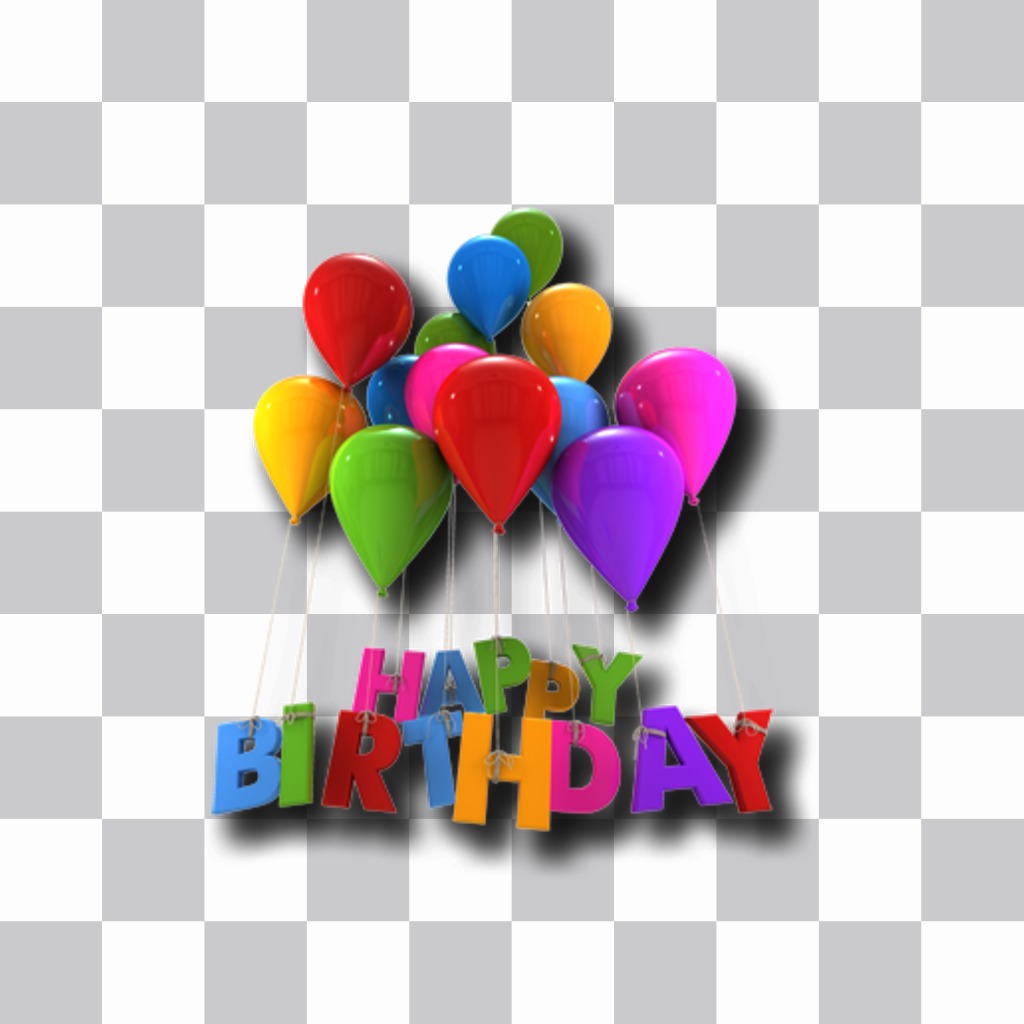 Etiqueta com balões e texto feliz aniversário que você pode colocar suas fotos on-line e fazer um cartão..