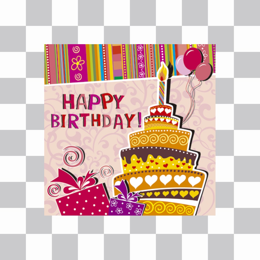 Etiqueta de felicitar um aniversário com a imagem de um bolo em uma festa que você pode incorporar em suas fotos. Com texto Feliz aniversário, um bolo com uma vela de aniversário e ornamentos..