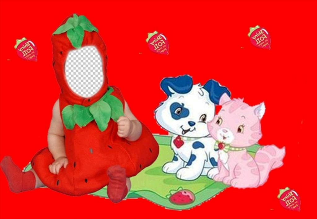 traje virtual para crianças de um morango com um fundo vermelho e filhotes ..