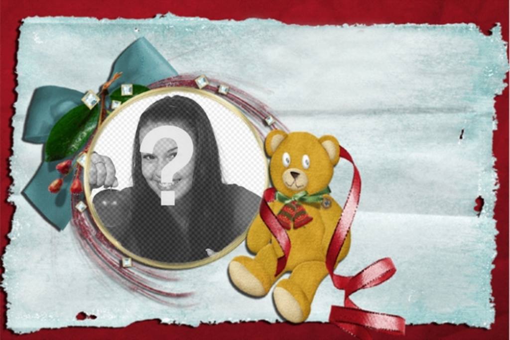 Cartão de Natal com ursinho e laço com moldura redonda em que você pode colocar sua..