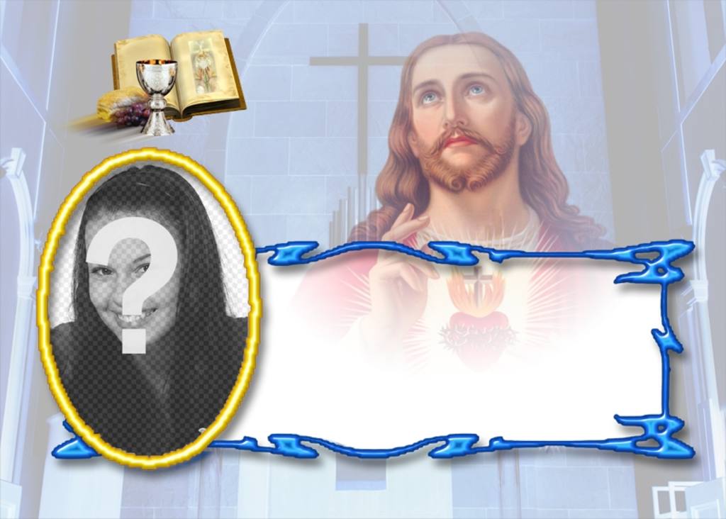 Modelo de cartão de memórias gratuita com uma fotografia de comunhão de Jesus com a Bíblia e cálice. Você pode baixar ou enviar o cartão de lembrete para um endereço de..