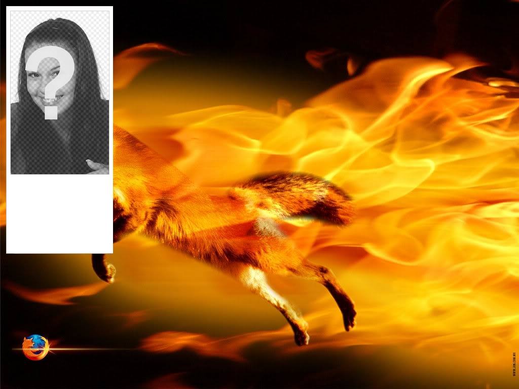 Insira sua foto para esta moldura com uma raposa cercado por chamas de fogo, cores laranja e..