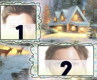 cartão natal carregamento onde voce pode colocar duas fotos fundo com uma casa nevada e um cervo