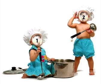 fotomontagem com dois bebes vestidos cozinhar coloca-los face