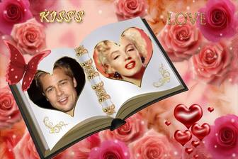 moldura personalizavel com duas fotos diferentes livro amor com enfeites rosas
