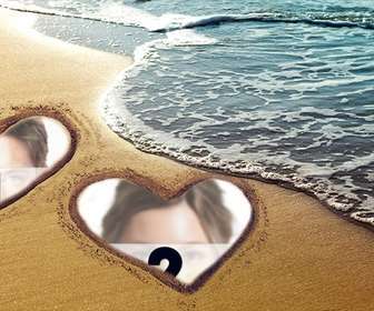 colagem amor com dois coracões marcados na areia da praia