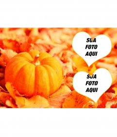 Colagem para duas fotos com uma abóbora e folhas que caem 