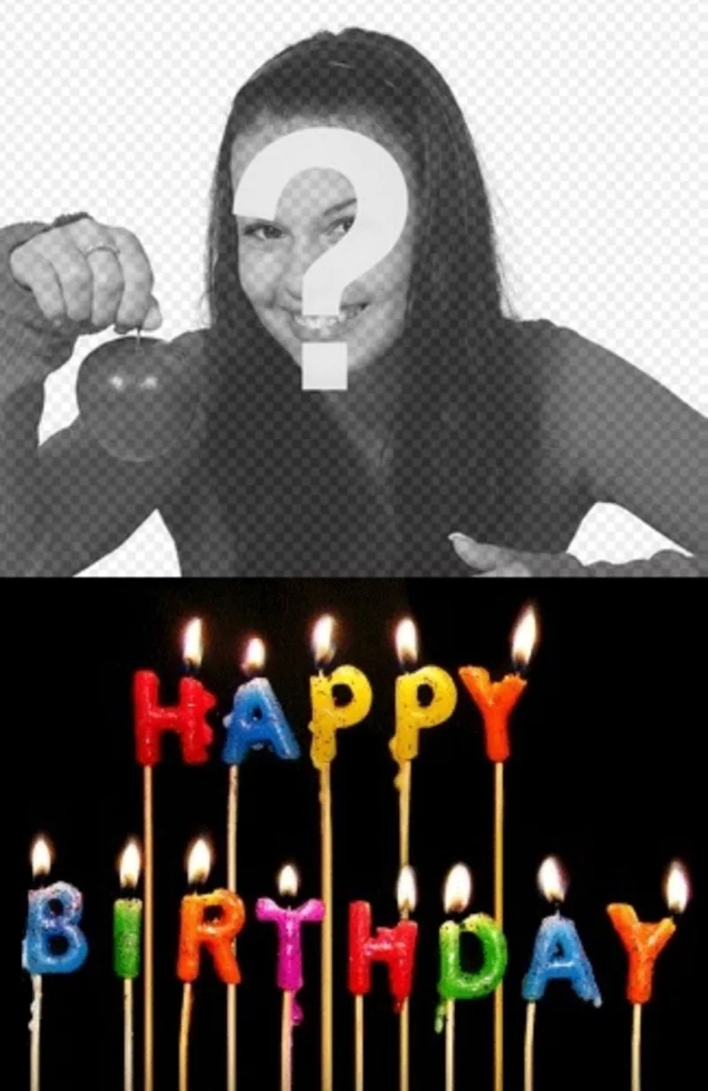 Modelo para criar um cartão de aniversário personalizado com sua foto, você pode subir para adicionar essas velas coloridas ardentes com o texto Feliz Aniversário. Sua foto aparecerá em segundo..