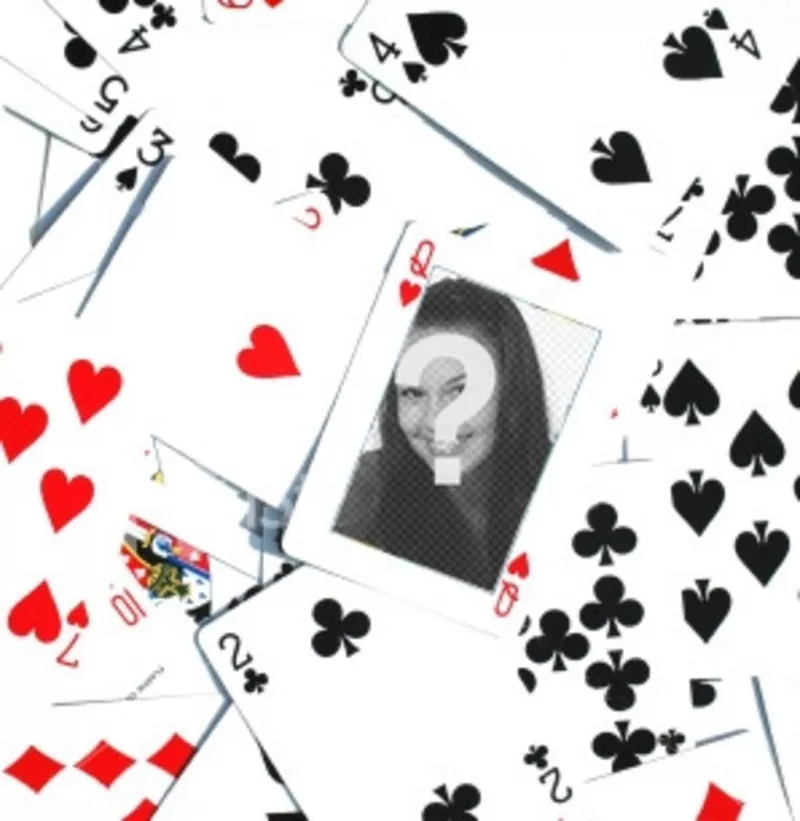 Photomontage feita-se um lote de cartões de poker desordenada virado para cima, com um Q de corações no centro da imagem. Dentro deste menu, você pode inserir uma..