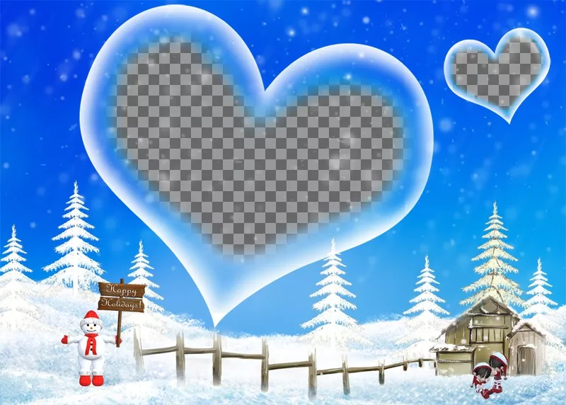 Cartão com fundo azul e paisagem de neve recebemos férias de inverno, com uma moldura em forma de coração na qual deseja inserir sua..