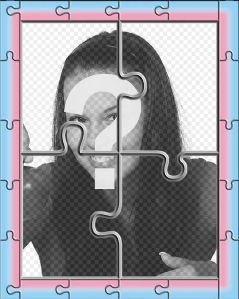 Fotomontagem imita um quebra-cabeça para um porta-retrato com borda rosa e azul. Transforme sua foto em um..