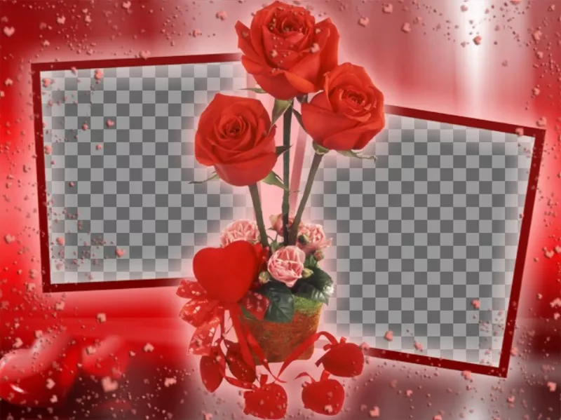 Moldura onde você pode colocar duas imagens que aparecem ligadas por algumas rosas. fundo vermelho com..