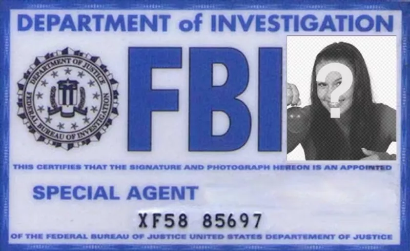 Crie o seu cartão personalizado de Agente Especial do FBI investigação departamento e adicionar sua foto, nome e