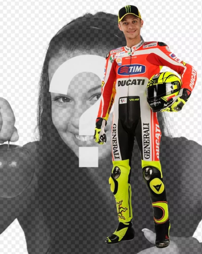 Fotomontagem com Valentino Rossi, Moto GP corredor, em seu uniforme Ducati e um capacete debaixo do braço. Aparecer ao lado do famoso motociclista, (agora em Yamaha) e adicione o texto na imagem de forma..