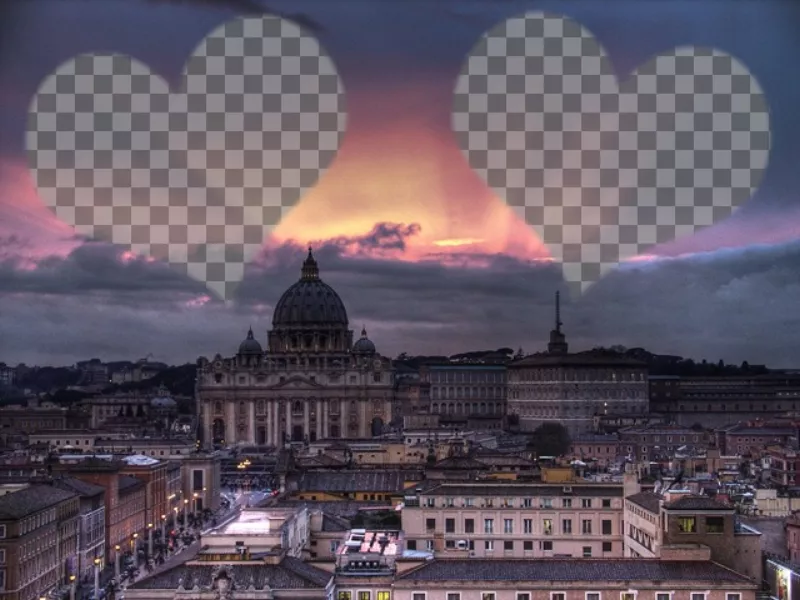 Colagem de amor com uma fotografia de Roma e dois corações em que para colocar sua foto de você e seu..