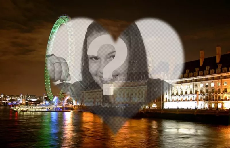 Fotomontagem de amor em Londres, com a London Eye e paisagem em forma de coração quadro onde você pode colocar sua..