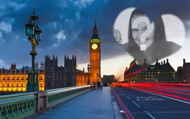 Amor fotomontagem em Londres, com o Big Ben ao fundo e um coração semitransparente para colocar a foto que você..