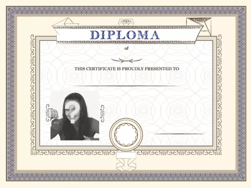 Diploma personalizável de uma conquista, orgulhosamente apresentado à pessoa que você quer em que você pode colocar uma foto e..