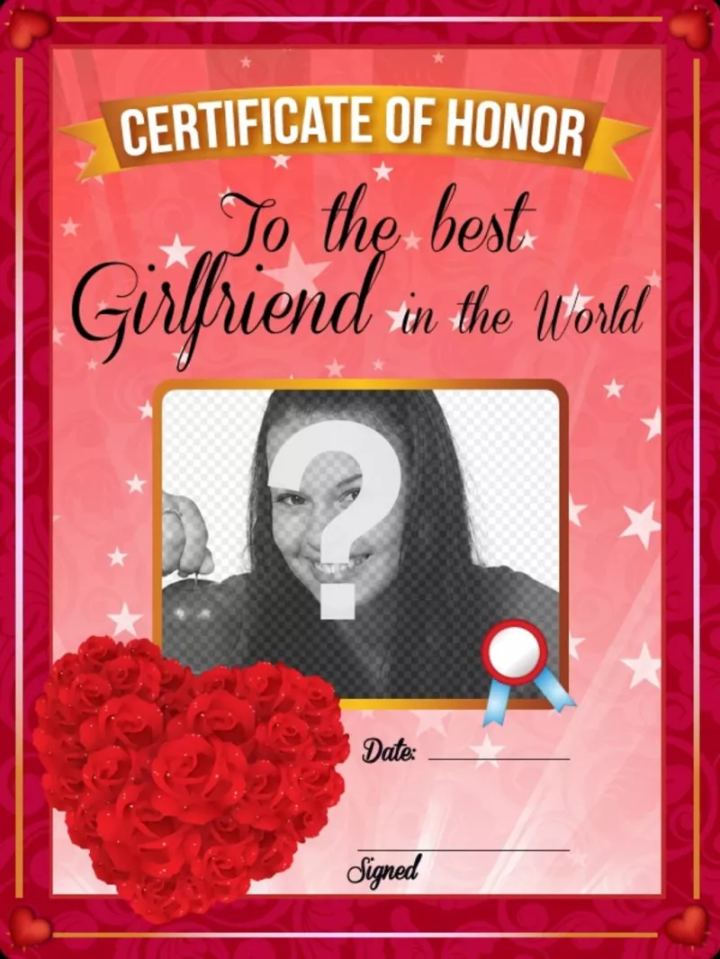 Certificado para a melhor namorada do mundo, com rosas vermelhas em forma de coração para personalizar com uma..