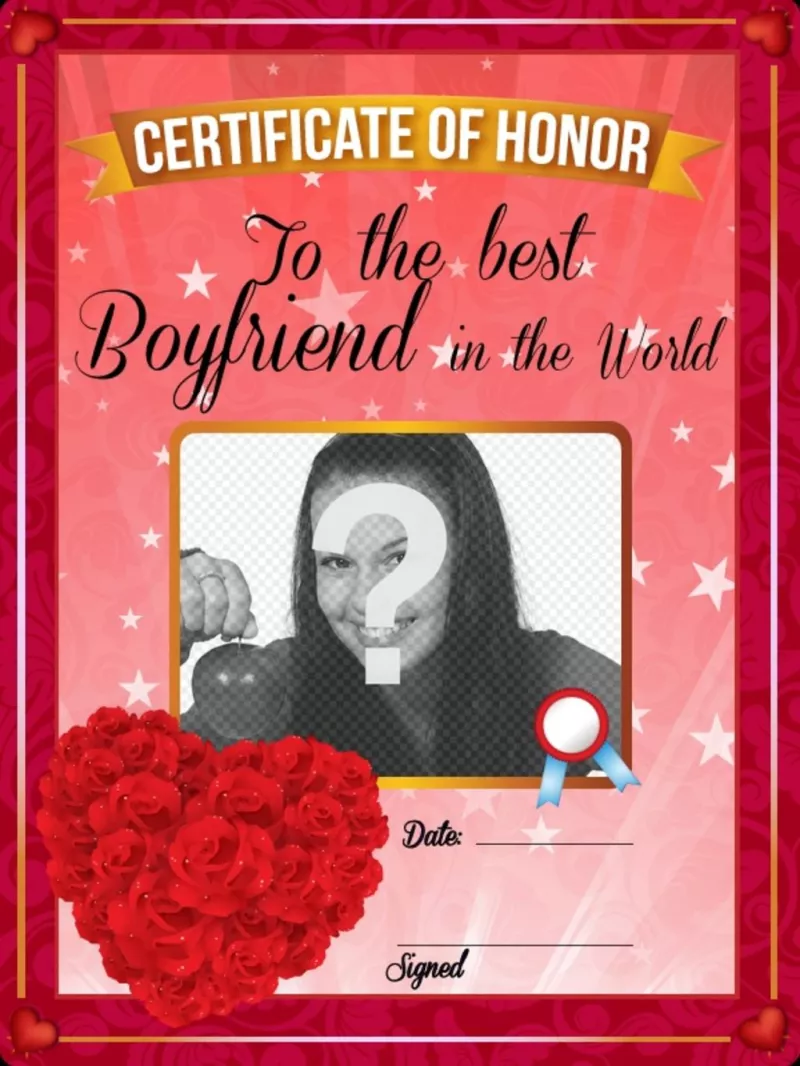 Romântico certificado personalizável para o melhor namorado do mundo, com um coração feito de rosas..