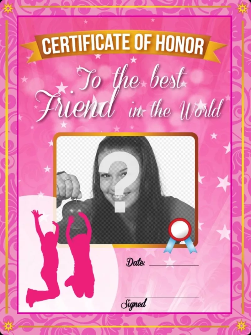 Certificado de-rosa com estrelas e brilhos para dar o seu melhor amigo e colocar uma imagem sobre ele e texto..
