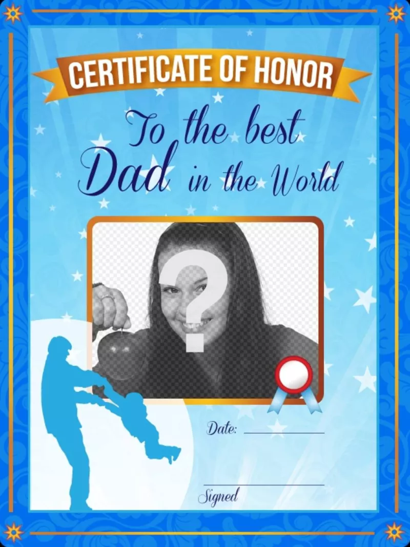 Certificado de honra ao melhor pai do mundo. Um certificado azul personalizado com uma foto e..