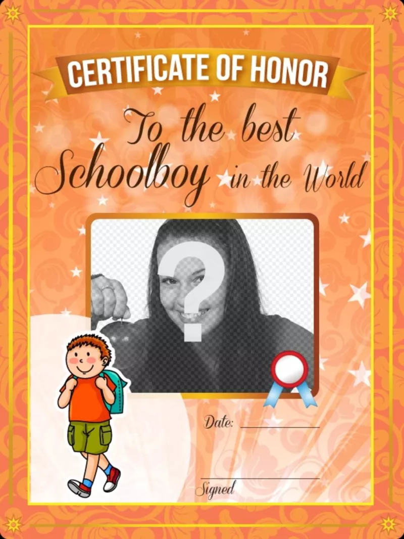 Certificado de honra ao melhor aluno do mundo para personalizar com uma foto..