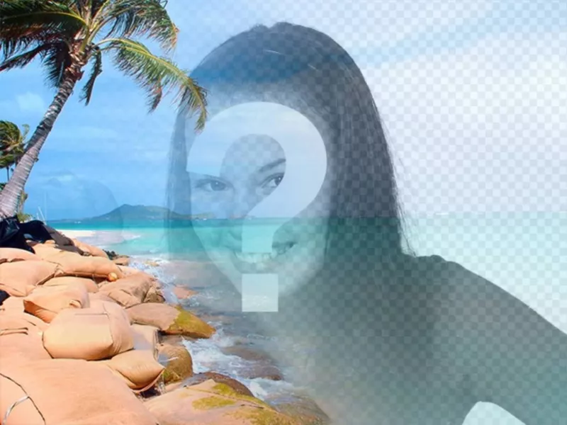 Colagem com uma praia paradisíaca com água azul e palmeiras para colocar a sua foto e personalizar com o..