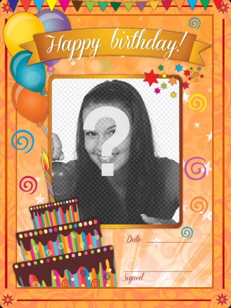 Cartão de aniversário com fundo alaranjado e desenhos engraçados para ser personalizado..