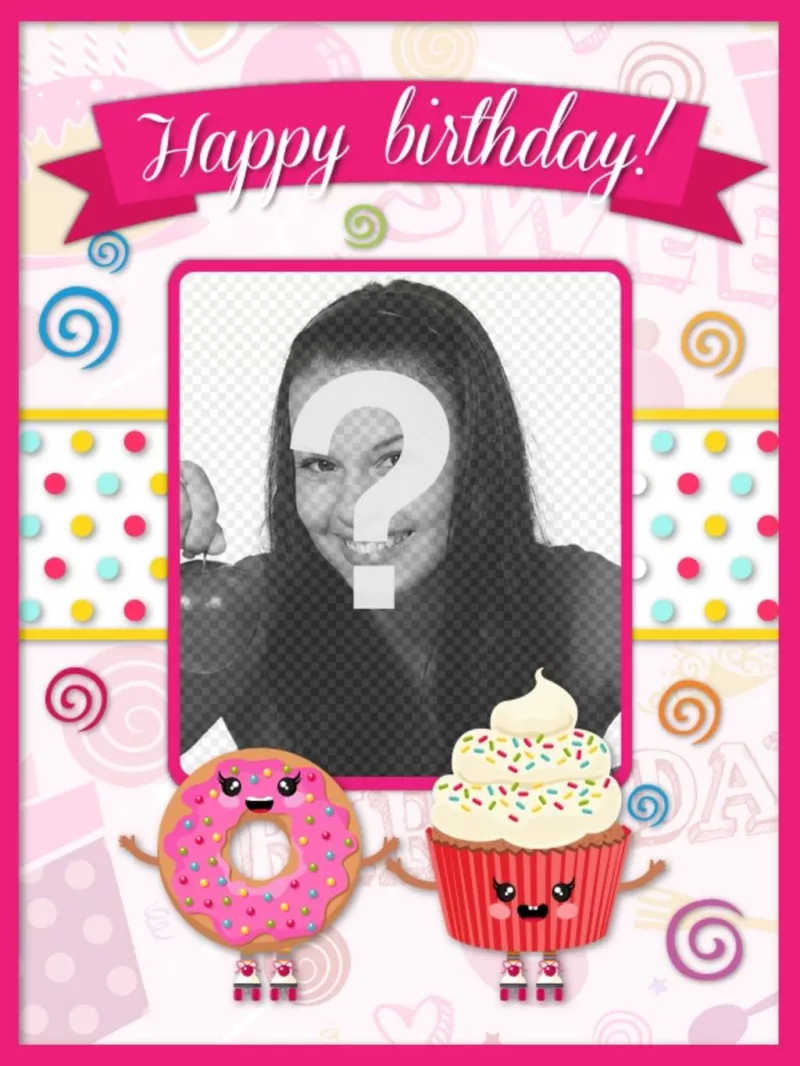 Cartão de aniversário customizável decorado com desenhos kawaii rosa e bolinhos com um sorriso no..