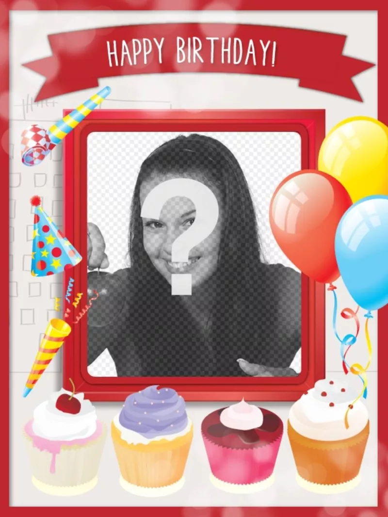 Cartão de aniversário com bolos doces e decoração festiva, com balões e moldura vermelha para colocar uma..