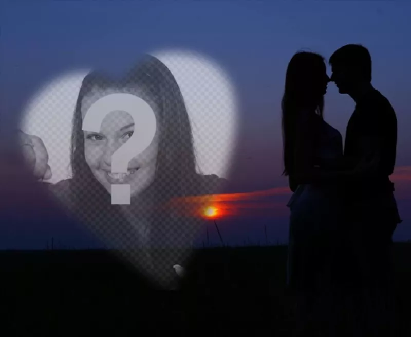 Fotomontagem com um casal apaixonado com um pôr do sol ao fundo e um coração para colocar uma foto..
