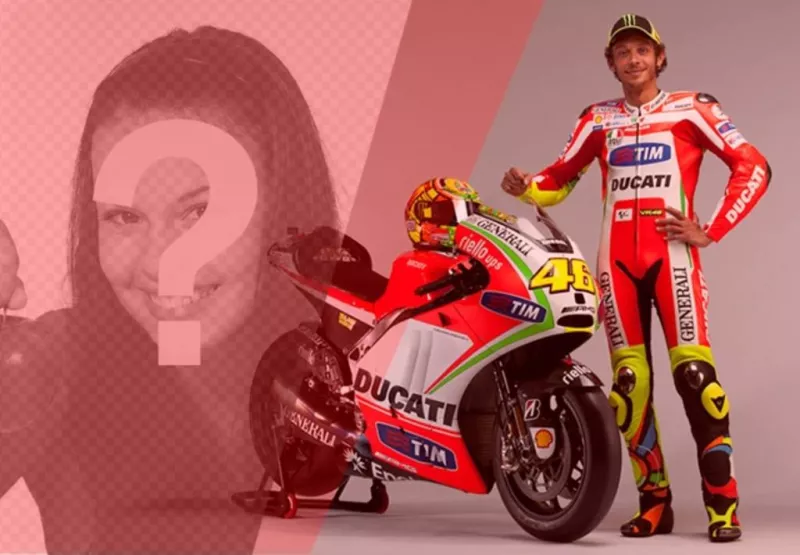 Criar uma fotomontagem com Valentino Rossi, piloto da motocicleta, com sua bicicleta vermelha e branca e um filtro vermelho para sua..