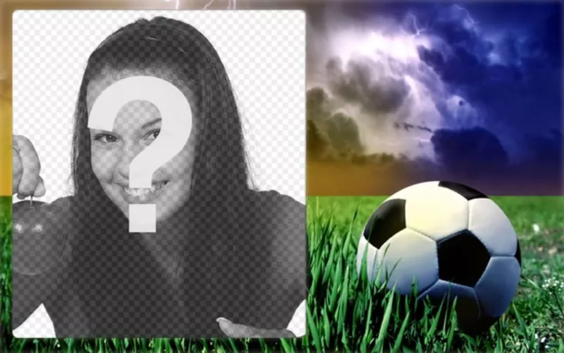 Sports moldura com uma foto de uma bola de futebol na grama..