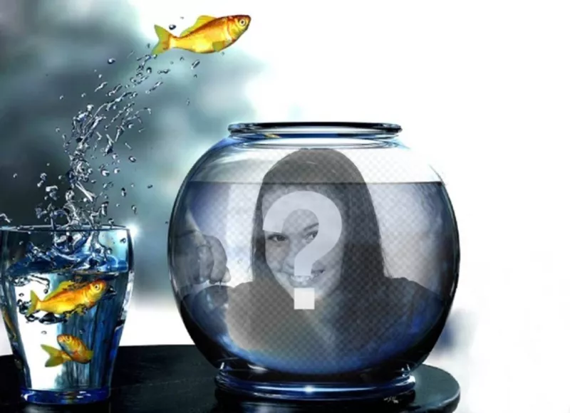 Criar uma fotomontagem com um tanque cheio de água com peixes amarelos que saltam de um copo onde você vai colocar uma..